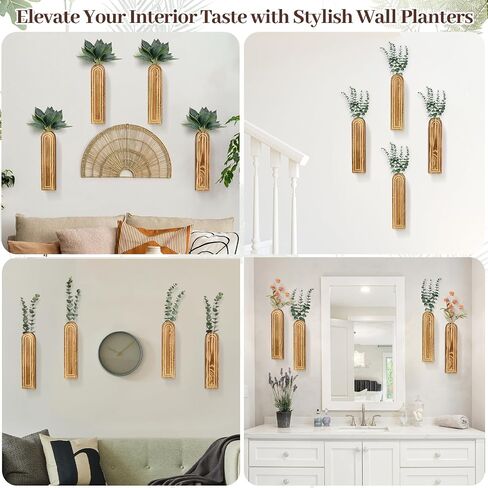 4Pack Wall Decor Wood Wall Planters for Indoor Plants, Wood Wall Decor for Bathroom, Living Room, Bedroom, Modern Farmhouse Wall Decor Wood Vase for Decor Dried Flowers and Faux Greenery(Rustic Brown) in Saudi Arabia