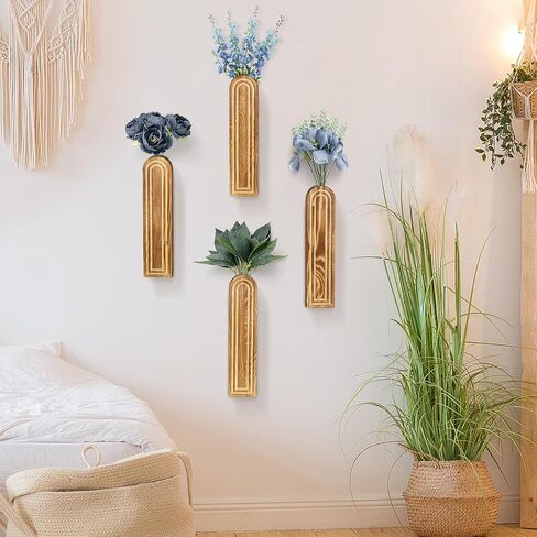 4Pack Wall Decor Wood Wall Planters for Indoor Plants, Wood Wall Decor for Bathroom, Living Room, Bedroom, Modern Farmhouse Wall Decor Wood Vase for Decor Dried Flowers and Faux Greenery(Rustic Brown) in Saudi Arabia