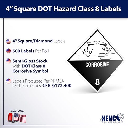 نقطة. ملصقات - فئة الخطر 8 DOT Corrosive 8 ملصقات مربعة مقاس 4 × 4 بوصة - 500 ملصق لاصق لكل لفة، صنع في الولايات المتحدة الأمريكية بواسطة كينكو (1) in Saudi Arabia