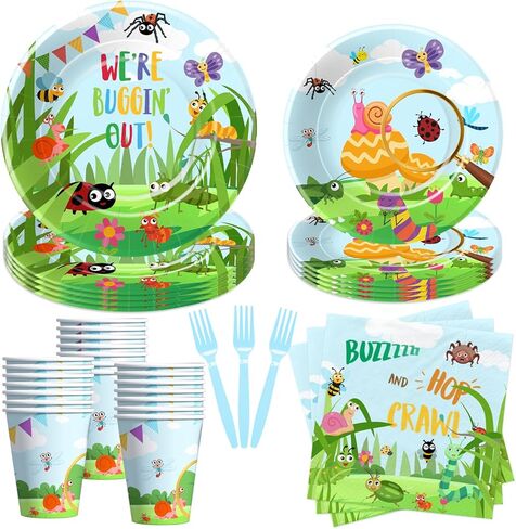 أطباق ومناديل عيد ميلاد الحشرات، أدوات مائدة لتزيين الحفلات - لوازم حفلات الحشرات، طبق، كوب، منديل، شوكة، لربيع وصيف، حشرات طبيعية، ديكورات حفلات أعياد الميلاد | يخدم 24 in Kuwait
