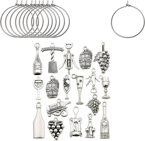 WOCRAFT 50 Sets Craft Supplies Wine Glass Charms Markers Wine Tasting Party Decoration Supplies Gift with 25mm Strong Stainless Steel Wine Glass Charm Rings (M307+10575) in Saudi Arabia