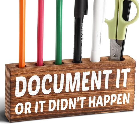 Desk Pen Pencil Holder, Cute Desk Accessory for Women Office, Wooden Desktop Utensil Storage Organizer Gift, Funny Pen Holder for Boss Coworker Friend (Document It or It Didn't Happen) in Saudi Arabia