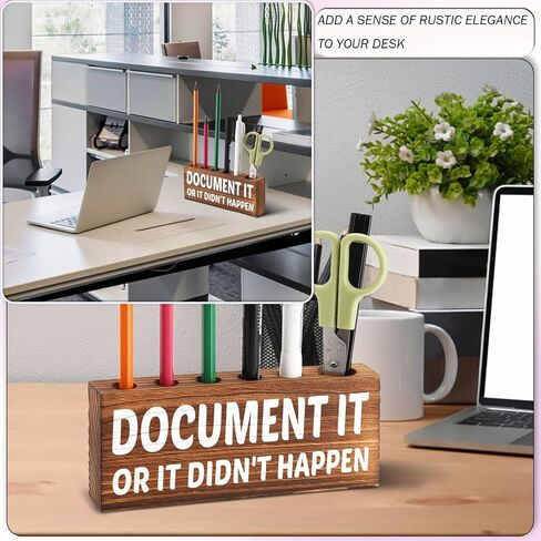 Desk Pen Pencil Holder, Cute Desk Accessory for Women Office, Wooden Desktop Utensil Storage Organizer Gift, Funny Pen Holder for Boss Coworker Friend (Document It or It Didn't Happen) in Saudi Arabia