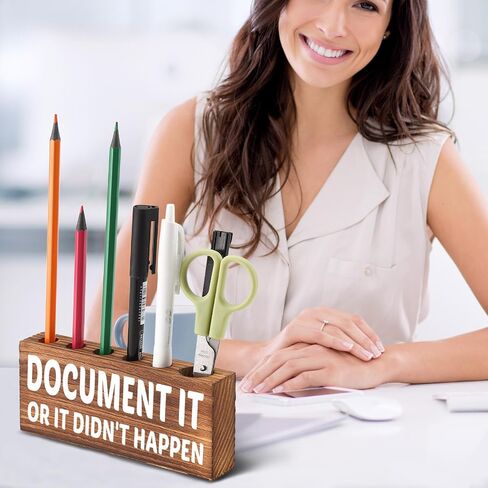 Desk Pen Pencil Holder, Cute Desk Accessory for Women Office, Wooden Desktop Utensil Storage Organizer Gift, Funny Pen Holder for Boss Coworker Friend (Document It or It Didn't Happen) in Saudi Arabia