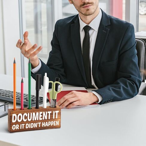 Desk Pen Pencil Holder, Cute Desk Accessory for Women Office, Wooden Desktop Utensil Storage Organizer Gift, Funny Pen Holder for Boss Coworker Friend (Document It or It Didn't Happen) in Saudi Arabia