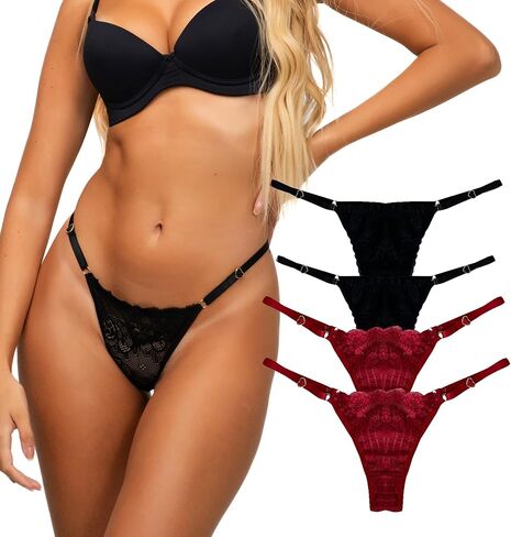 Set of 4 Womens Sexy Thong Panties in Lace with Heart-Shaped Side Adjustments in Saudi Arabia
