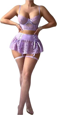 WDIRARA Women's 5 Piece Set Lace Mesh Sheer Knot Detail Lingerie Set with Panty Skirts and Stockings in Saudi Arabia