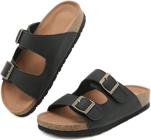 Womens Cork Footbed Slide Sandals, Open Toe Slides Sandals Adjustable Buckle Summer Beach Sandals with Arch Support in Saudi Arabia