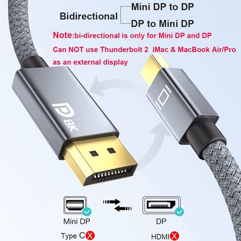 كابل 8K Mini DisplayPort إلى Displayport 1.4 بطول 10 أقدام، كابل Thunderbolt إلى DP 8K@60 هرتز 4K@144 هرتز Thunderbolt 2 (مخرج فيديو) متوافق مع أجهزة MacBook وiMac وMac Mini إلى شاشة DP in Saudi Arabia