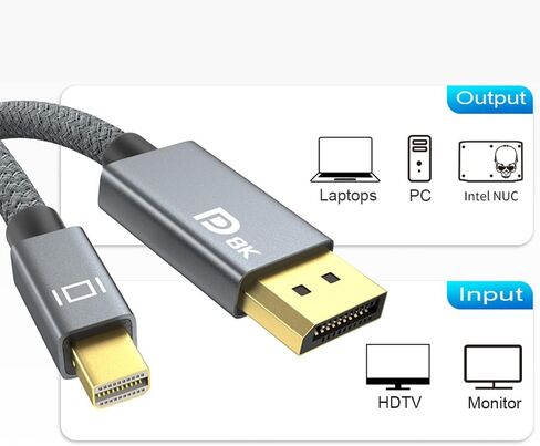 كابل 8K Mini DisplayPort إلى Displayport 1.4 بطول 10 أقدام، كابل Thunderbolt إلى DP 8K@60 هرتز 4K@144 هرتز Thunderbolt 2 (مخرج فيديو) متوافق مع أجهزة MacBook وiMac وMac Mini إلى شاشة DP in Saudi Arabia
