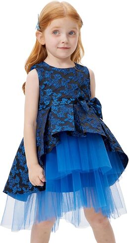 Girls Foral Dress High Low Dress Jacquard Sleeveless Tiered Tulle Daily Party Wear Blue Rose in Saudi Arabia