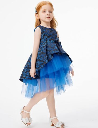 Girls Foral Dress High Low Dress Jacquard Sleeveless Tiered Tulle Daily Party Wear Blue Rose in Saudi Arabia