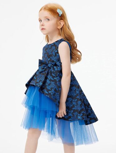 Girls Foral Dress High Low Dress Jacquard Sleeveless Tiered Tulle Daily Party Wear Blue Rose in Saudi Arabia