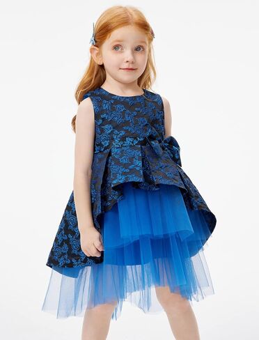 Girls Foral Dress High Low Dress Jacquard Sleeveless Tiered Tulle Daily Party Wear Blue Rose in Saudi Arabia