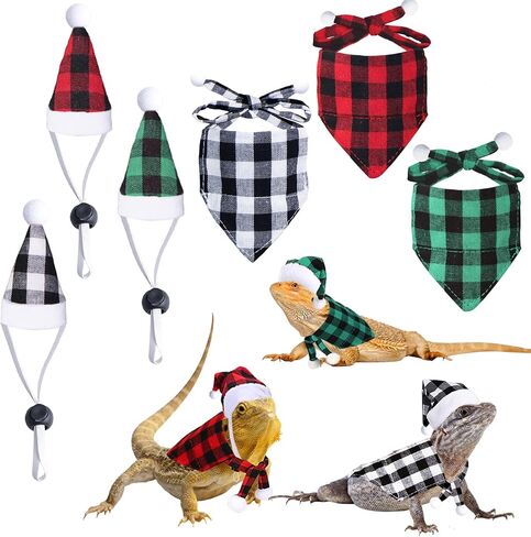 4 Pieces Christmas Bearded Dragon Costumes, Lizard Christmas Hats Bandanas Small Pet Christmas Costume for Bearded Dragon Lizard Chicks Parrot Hamster Guinea Pig Small Pet (Red, Plaid) in Saudi Arabia