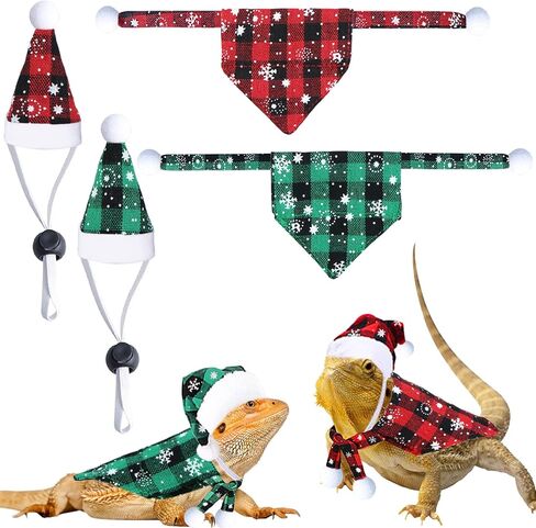 4 Pieces Christmas Bearded Dragon Costumes, Lizard Christmas Hats Bandanas Small Pet Christmas Costume for Bearded Dragon Lizard Chicks Parrot Hamster Guinea Pig Small Pet (Red, Plaid) in Saudi Arabia