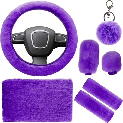 7 Pieces Fluffy Car Accessories Set, Cute Fluffy Steering Wheel Cover Set Faux Wool Seatbelt Shoulder Pads Auto Center Console Armrest Pads Fuzz Handbrake Cover Gear Shift Cover Furry Keychain(Purple) in Saudi Arabia