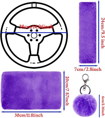 7 Pieces Fluffy Car Accessories Set, Cute Fluffy Steering Wheel Cover Set Faux Wool Seatbelt Shoulder Pads Auto Center Console Armrest Pads Fuzz Handbrake Cover Gear Shift Cover Furry Keychain(Purple) in Saudi Arabia