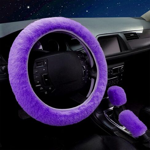 7 Pieces Fluffy Car Accessories Set, Cute Fluffy Steering Wheel Cover Set Faux Wool Seatbelt Shoulder Pads Auto Center Console Armrest Pads Fuzz Handbrake Cover Gear Shift Cover Furry Keychain(Purple) in Saudi Arabia