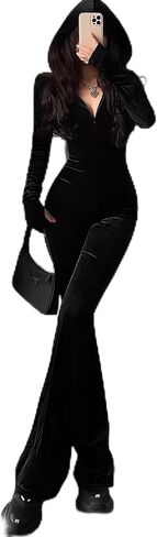 Women's Velvet Jumpsuits with Hood One Piece Sexy Slim Fit Jumpsuit Long Sleeve Zip Flare Casual Rompers with Pockets in Saudi Arabia