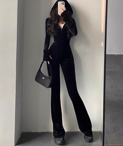Women's Velvet Jumpsuits with Hood One Piece Sexy Slim Fit Jumpsuit Long Sleeve Zip Flare Casual Rompers with Pockets in Saudi Arabia