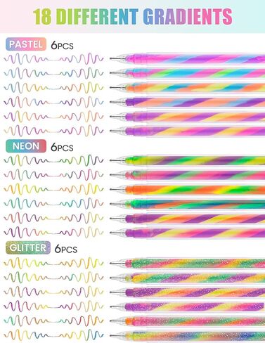 قلم حبر جل متغير اللون من NiArt Spectra Swirl 18 عبوة، 1.2 مم/0.047 بوصة طرف دائري رفيع، أسطوانة شفافة، حبر باستيل نيون متدرج بألوان قوس قزح نابضة بالحياة للكتابة والرسم واليوميات وغير سامة in Kuwait