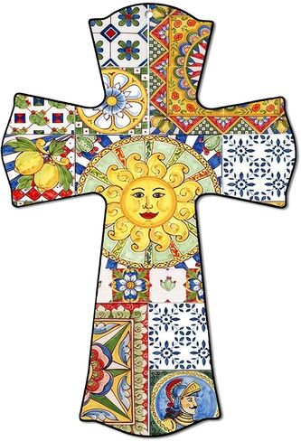 CALUOHO Rustic Cross Wall Decor Hand Painted Wood Wall Art Cross Plaque Mexican Crucifix for Home Church Room Decor Easter Christmas Gifts 8.5x12 inch Floral Wall Cross in Saudi Arabia