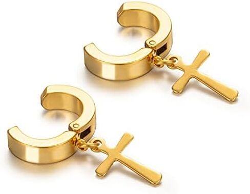 Gold Silver Cross Clip On Earrings Drop Dangle Set for Women Men Girls Cross Titanium Steel Hoop Dangle in Saudi Arabia