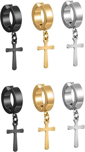 Gold Silver Cross Clip On Earrings Drop Dangle Set for Women Men Girls Cross Titanium Steel Hoop Dangle in Saudi Arabia