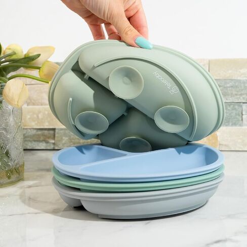 Baby Plates 4 Pack, 100% Silicone Toddler Plates, Suction Plates for Baby, Divided Design, BPA Free, Dishwasher & Microwave Safe in Saudi Arabia