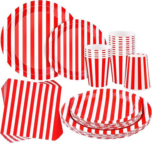 durony 64 Pieces Carnival Table Decorations White and Red Striped Paper Plates Napkin Cup Circus Theme Party Decorations for Carnival, Birthday, Picnic Party in Saudi Arabia