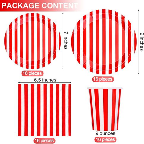 durony 64 Pieces Carnival Table Decorations White and Red Striped Paper Plates Napkin Cup Circus Theme Party Decorations for Carnival, Birthday, Picnic Party in Saudi Arabia