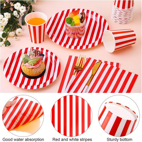 durony 64 Pieces Carnival Table Decorations White and Red Striped Paper Plates Napkin Cup Circus Theme Party Decorations for Carnival, Birthday, Picnic Party in Saudi Arabia