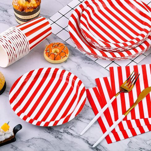 durony 64 Pieces Carnival Table Decorations White and Red Striped Paper Plates Napkin Cup Circus Theme Party Decorations for Carnival, Birthday, Picnic Party in Saudi Arabia