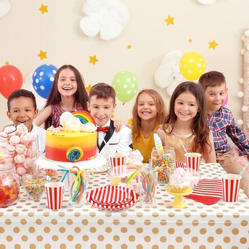 durony 64 Pieces Carnival Table Decorations White and Red Striped Paper Plates Napkin Cup Circus Theme Party Decorations for Carnival, Birthday, Picnic Party in Saudi Arabia