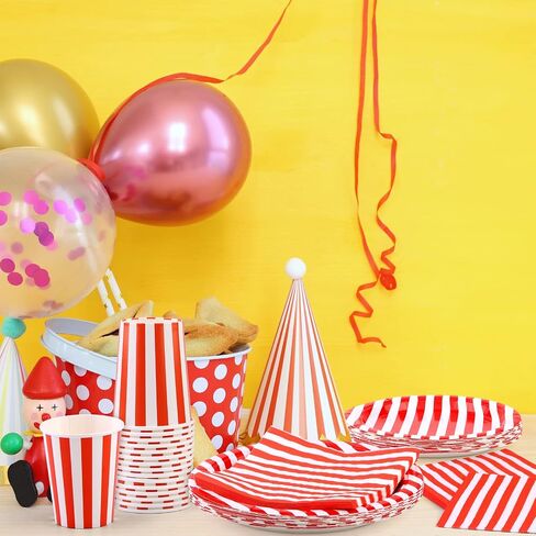 durony 64 Pieces Carnival Table Decorations White and Red Striped Paper Plates Napkin Cup Circus Theme Party Decorations for Carnival, Birthday, Picnic Party in Saudi Arabia