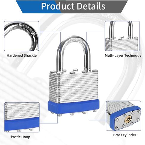 Keyed Alike Laminated Steel Padlocks, (40mm) Wide，2 Pack Normal Shackle Padlock，Blue Hoop，for Gym Locker & StorageUnit or More in Saudi Arabia