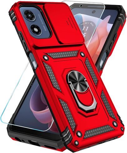 حافظة SunStory لهاتف Motorola Moto G Play 2024 مع واقي شاشة HD وغطاء كاميرا منزلق ومسند، حافظة هاتف Moto G Play 4G 2024 [من الدرجة العسكرية] لهاتف Moto G Play 2024 (أحمر) in Kuwait