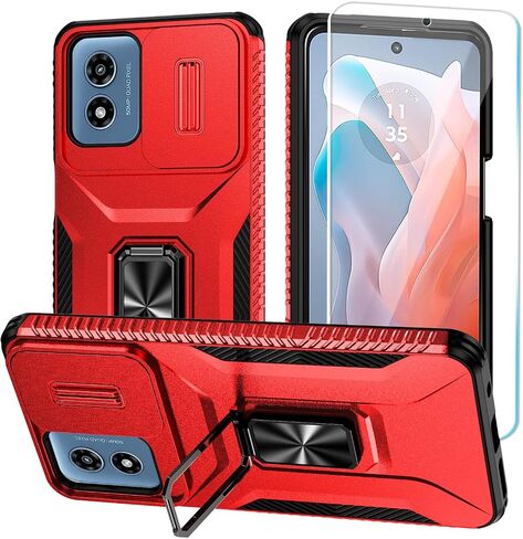 حافظة SunStory لهاتف Motorola Moto G Play 2024 مع واقي شاشة HD وغطاء كاميرا منزلق ومسند، حافظة هاتف Moto G Play 4G 2024 [من الدرجة العسكرية] لهاتف Moto G Play 2024 (أحمر) in Kuwait
