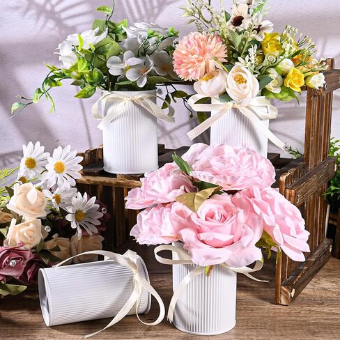 12 Pcs 4.33" High Farmhouse Vase Vintage Decorative Vase with Unique White Ribbon Design, Rustic Decorated Vases Iron Flower Bucket Galvanized Can for Home Decor Table Centerpieces in Saudi Arabia