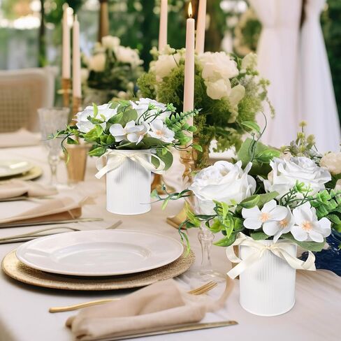 12 Pcs 4.33" High Farmhouse Vase Vintage Decorative Vase with Unique White Ribbon Design, Rustic Decorated Vases Iron Flower Bucket Galvanized Can for Home Decor Table Centerpieces in Saudi Arabia