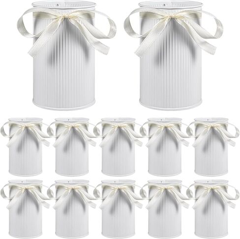 12 Pcs 4.33" High Farmhouse Vase Vintage Decorative Vase with Unique White Ribbon Design, Rustic Decorated Vases Iron Flower Bucket Galvanized Can for Home Decor Table Centerpieces in Saudi Arabia