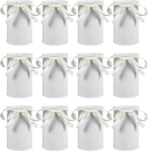 12 Pcs 4.33" High Farmhouse Vase Vintage Decorative Vase with Unique White Ribbon Design, Rustic Decorated Vases Iron Flower Bucket Galvanized Can for Home Decor Table Centerpieces in Saudi Arabia