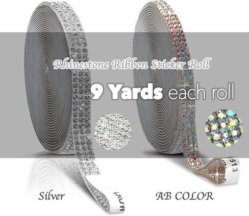 9 Yards Adhesive Rhinestone Ribbon Strips Roll, Crystal Bling Rhinestone Diamond Stickers Tape, Decorative Rhinestone Stickers for Craft DIY Gift Decoration (Silver, 0.25 Inch x 9 Yards) in Kuwait