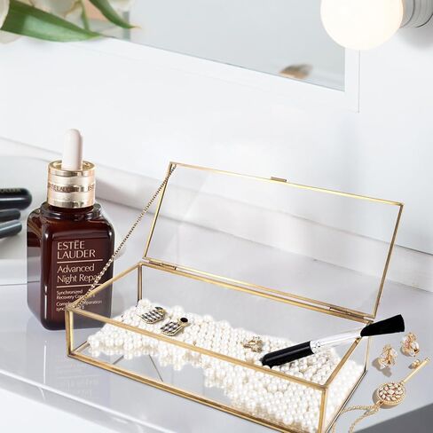 صندوق مجوهرات زجاجي مكون من قطعتين، صناديق زجاجية شفافة عتيقة للعرض مع غطاء، صندوق تذكار مزخرف لسوار حلقي كريستالي، منظم كريستال ذهبي لديكور المنزل... in Kuwait