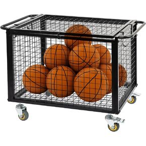 Metal Basketball Rolling Cart Sports Equipment Storage Wheel Basket Matte Black Athletic Lockable Cage with Raised Handle Gym Home Garage School Court Field Football Soccer Ball Volleyball Bat