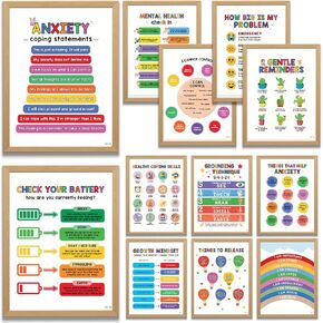INTELLECTUAL NEEDS 12 Mental Health Posters for Kids, School Counseling Must Haves, Therapy Office Decor, Growth Mindset Motivational Wall Decor, 8"x10" Size Positive Affirmation Poster for Classroom