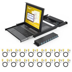 16 Port VGA KVM Switch, 17'' LCD KVM Console Integrated with Keyboard Monitor Touchpad Drawer, 1U Rack Mount KVM for 19'' Cabinet, Supports OSD Menu/Hotkey/Button Switch(16 KVM Cables)