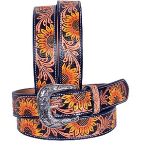 Western Genuine Leather Tooled Belt with Hand Painted Sunflower and 30IS004