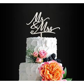 Mr & Mrs Cake Topper, Silver Glitter Wedding - Anniversary - Bridal Shower Cake Decor, Rustic Chic Bride and Groom Cake Topper
